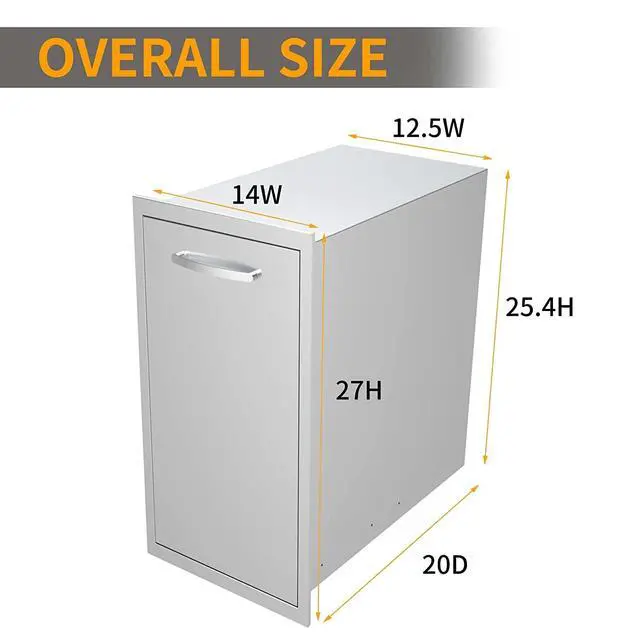 Alt view image 2 of 6 - Pull Out Trash Drawer, 14''W x 27''H x 20''D Stainless Steel Built-in Single Trash Drawer Outdoor Kitchen Cabinets Trash Bin for BBQ Island Grill Station