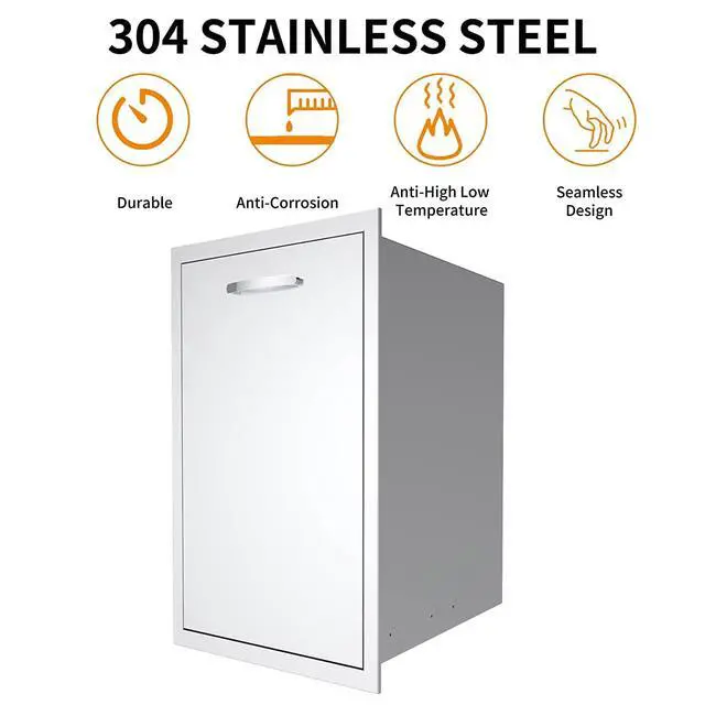 Alt view image 3 of 6 - Pull Out Trash Drawer, 14''W x 27''H x 20''D Stainless Steel Built-in Single Trash Drawer Outdoor Kitchen Cabinets Trash Bin for BBQ Island Grill Station