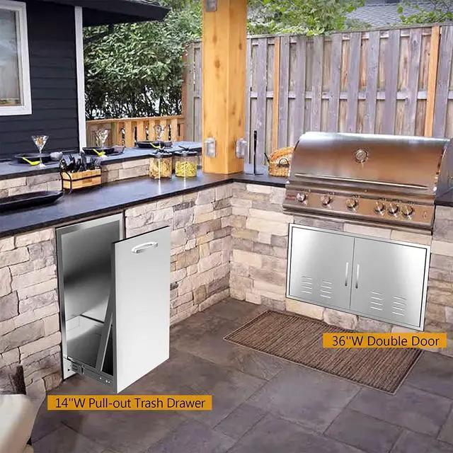 Alt view image 6 of 6 - Pull Out Trash Drawer, 14''W x 27''H x 20''D Stainless Steel Built-in Single Trash Drawer Outdoor Kitchen Cabinets Trash Bin for BBQ Island Grill Station