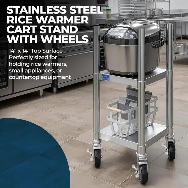 Alt view image 3 of 5 - Commercial Stainless Steel Rice Warmer Cart Stand with Wheels 14" x 14" Mobile Utility Stand for Kitchens & Restaurants | Heavy-Duty Design