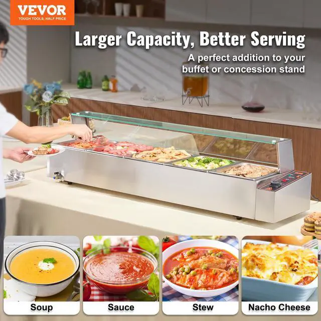 Alt view image 2 of 6 - 5-Pan Commercial Food Warmer, 5 x 12QT Electric Steam Table with Glass Cover, 1700W Countertop Stainless Steel Buffet Bain Marie 86-185°F Temp Control for Catering, Restaurants, Silver