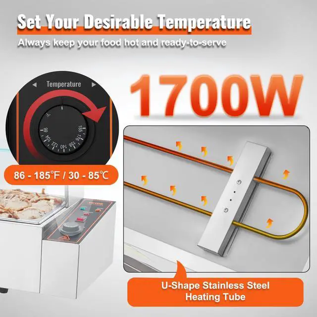 Alt view image 3 of 6 - 5-Pan Commercial Food Warmer, 5 x 12QT Electric Steam Table with Glass Cover, 1700W Countertop Stainless Steel Buffet Bain Marie 86-185°F Temp Control for Catering, Restaurants, Silver
