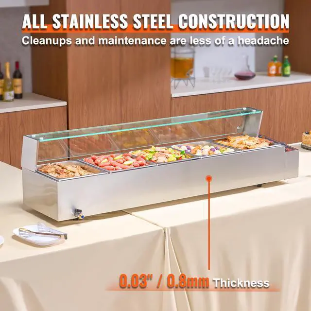 Alt view image 5 of 6 - 5-Pan Commercial Food Warmer, 5 x 12QT Electric Steam Table with Glass Cover, 1700W Countertop Stainless Steel Buffet Bain Marie 86-185°F Temp Control for Catering, Restaurants, Silver