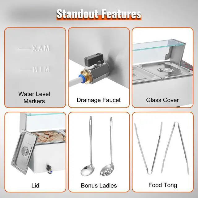 Alt view image 6 of 6 - 5-Pan Commercial Food Warmer, 5 x 12QT Electric Steam Table with Glass Cover, 1700W Countertop Stainless Steel Buffet Bain Marie 86-185°F Temp Control for Catering, Restaurants, Silver