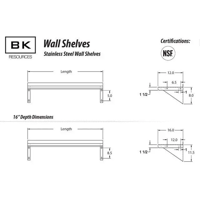 Alt view image 2 of 4 - s Stainless Steel Wall Shelf, 16"x 72", 18 Gauge T-430 Steel, NSF Commercial Kitchen Food Service Use, 1.5" Backsplash, Angle Supports, BKWSE-1672
