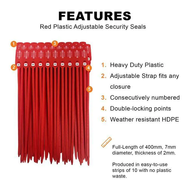 Alt view image 4 of 5 - Red Plastic Security Seals (16") - Large Self Locking Shipping Seal with Print Progressive Numbering Tamper Proof for Trucks, Trailers, Cargo, Containers, Luggage (400ct)