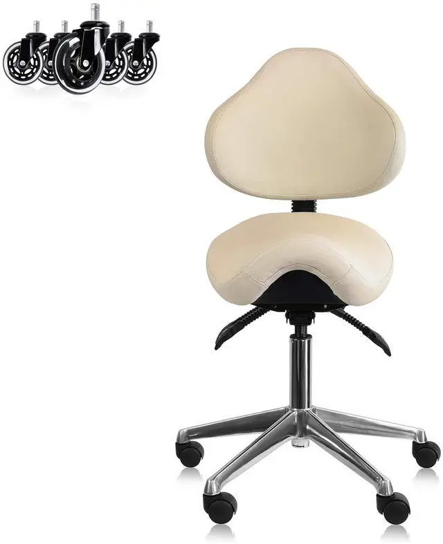 Main image of Ergonomic Saddle Stool with Back | Rolling Office Task Chair Adjustable Height Tilt Recline | Padded Seat for Medical Professionals, Dentists, and Artists, Beige with Wheels, Single, Set of 1