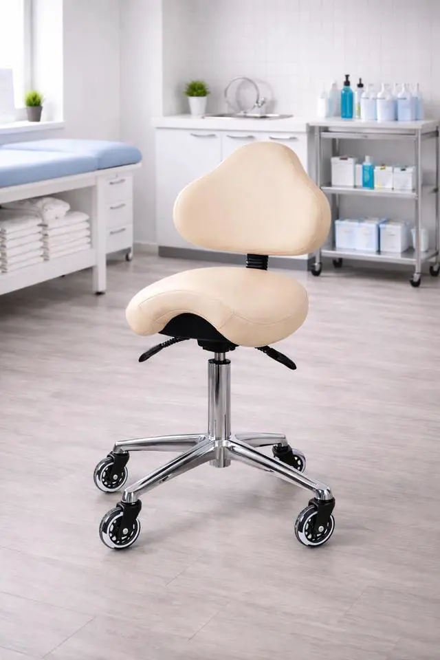 Alt view image 2 of 6 - Ergonomic Saddle Stool with Back | Rolling Office Task Chair Adjustable Height Tilt Recline | Padded Seat for Medical Professionals, Dentists, and Artists, Beige with Wheels, Single, Set of 1
