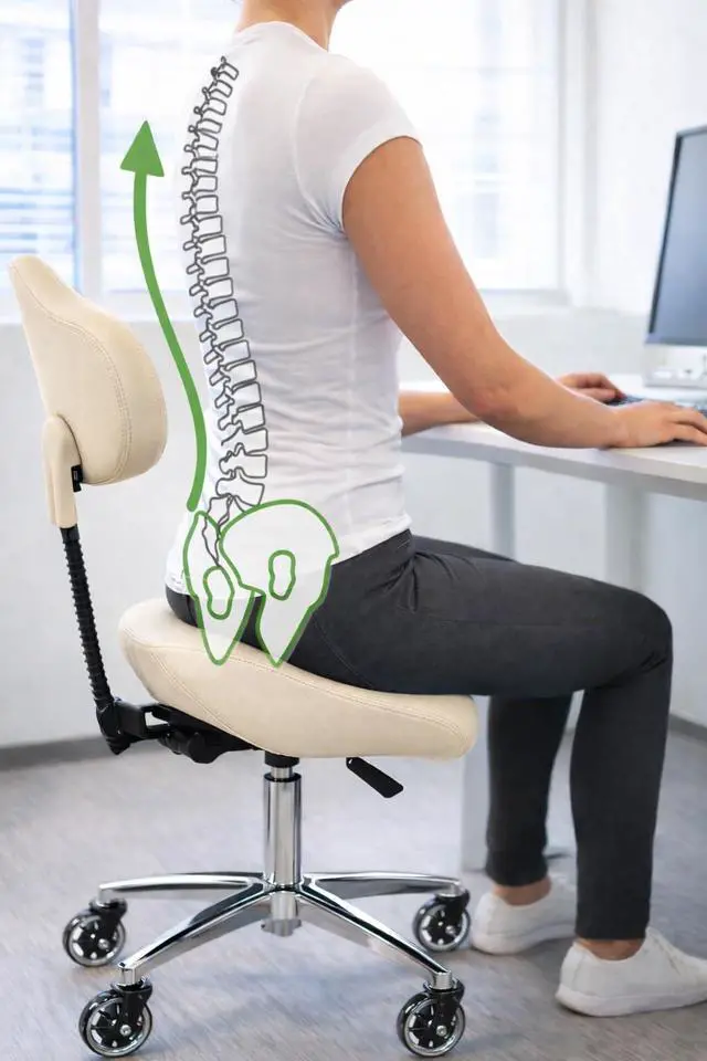 Alt view image 5 of 6 - Ergonomic Saddle Stool with Back | Rolling Office Task Chair Adjustable Height Tilt Recline | Padded Seat for Medical Professionals, Dentists, and Artists, Beige with Wheels, Single, Set of 1