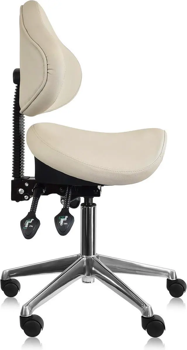 Alt view image 6 of 6 - Ergonomic Saddle Stool with Back | Rolling Office Task Chair Adjustable Height Tilt Recline | Padded Seat for Medical Professionals, Dentists, and Artists, Beige with Wheels, Single, Set of 1