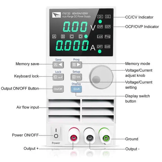 Alt view image 2 of 6 - Variable DC Power Supply 60V/5A/100W Adjustable Lab Bench Power Supply IT6720