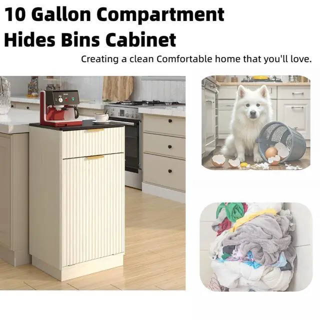 Alt view image 4 of 6 - 10 Gallon Tilt Out Trash Can Cabinet Wooden Hidden Trash Can Cabinet,Pet Proof Garbage Recycling Cabinet with Storage for Kitchen Bathroom Living Room White