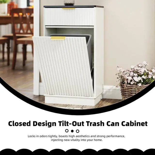 Alt view image 6 of 6 - 10 Gallon Tilt Out Trash Can Cabinet Wooden Hidden Trash Can Cabinet,Pet Proof Garbage Recycling Cabinet with Storage for Kitchen Bathroom Living Room White