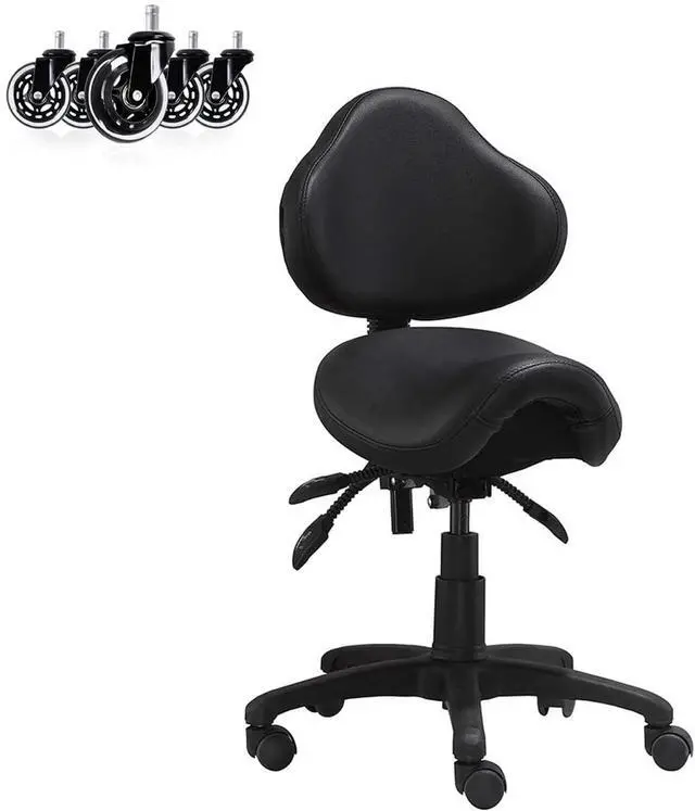 Main image of Ergonomic Saddle Stool with Back | Rolling Office Task Chair Adjustable Height Tilt Recline | Padded Seat for Medical Professionals, Dentists, and Artists, Black with Wheels, Single, Set of 1