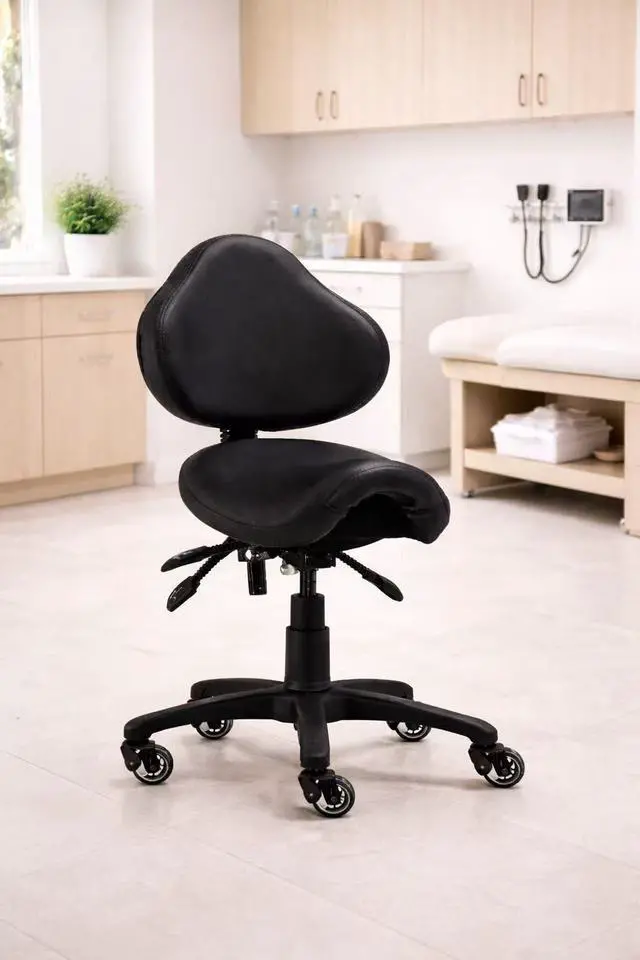 Alt view image 2 of 6 - Ergonomic Saddle Stool with Back | Rolling Office Task Chair Adjustable Height Tilt Recline | Padded Seat for Medical Professionals, Dentists, and Artists, Black with Wheels, Single, Set of 1