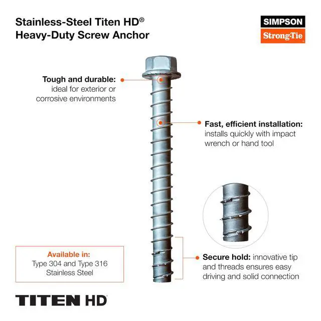 Alt view image 4 of 6 - THD50400H6SS - 1/2-Inch x 4-Inch Hex Washer Head, Type 316 Stainless Steel Titen HD Heavy Duty Screw Anchor for Concrete, Easy Installation (Pack of 20)