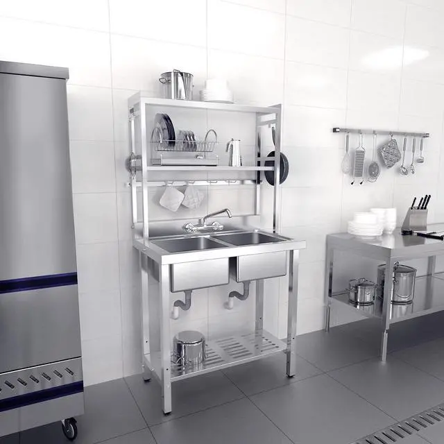 Main image of 67" 2-Compartment Commercial Sink with Shelves Over & Drying Rack Underneath, 304 Stainless Steel Sink Double Basin with Drain for Restaurant, Freestanding Utility Sink for Laundry Room, Garage