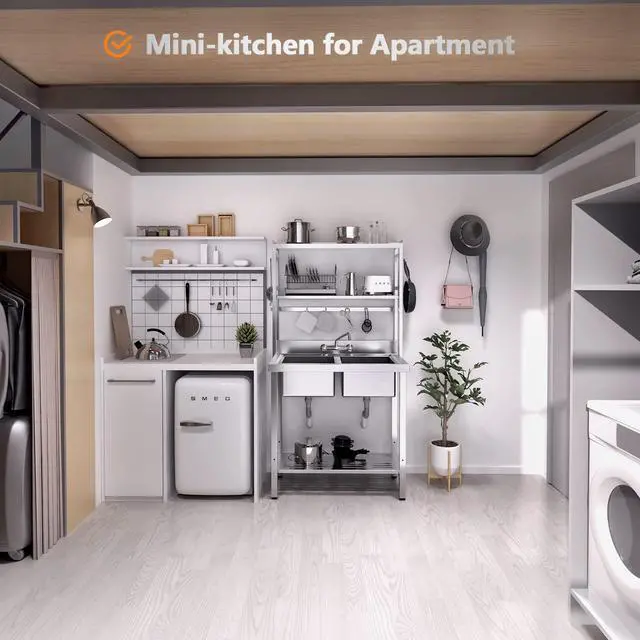 Alt view image 2 of 6 - 67" 2-Compartment Commercial Sink with Shelves Over & Drying Rack Underneath, 304 Stainless Steel Sink Double Basin with Drain for Restaurant, Freestanding Utility Sink for Laundry Room, Garage