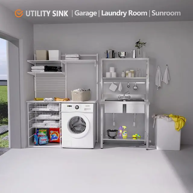 Alt view image 3 of 6 - 67" 2-Compartment Commercial Sink with Shelves Over & Drying Rack Underneath, 304 Stainless Steel Sink Double Basin with Drain for Restaurant, Freestanding Utility Sink for Laundry Room, Garage
