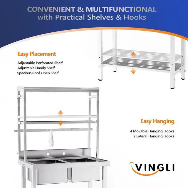 Alt view image 4 of 6 - 67" 2-Compartment Commercial Sink with Shelves Over & Drying Rack Underneath, 304 Stainless Steel Sink Double Basin with Drain for Restaurant, Freestanding Utility Sink for Laundry Room, Garage