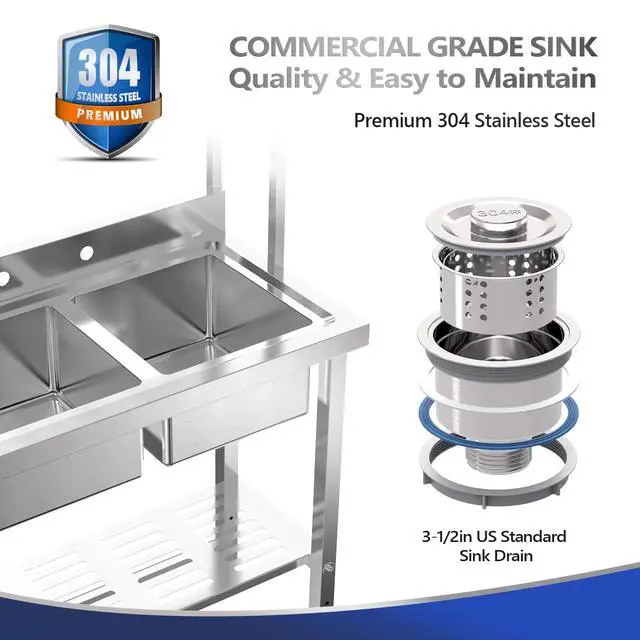 Alt view image 5 of 6 - 67" 2-Compartment Commercial Sink with Shelves Over & Drying Rack Underneath, 304 Stainless Steel Sink Double Basin with Drain for Restaurant, Freestanding Utility Sink for Laundry Room, Garage