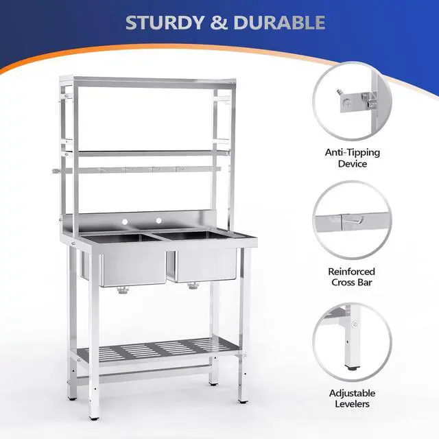 Alt view image 6 of 6 - 67" 2-Compartment Commercial Sink with Shelves Over & Drying Rack Underneath, 304 Stainless Steel Sink Double Basin with Drain for Restaurant, Freestanding Utility Sink for Laundry Room, Garage