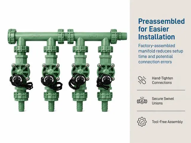 Alt view image 2 of 2 - 4-Valve Preassembled Sprinkler Manifold Easy Install, Works with PVC & Poly Pipe, Includes 4 3/4" Poly Male Adapter