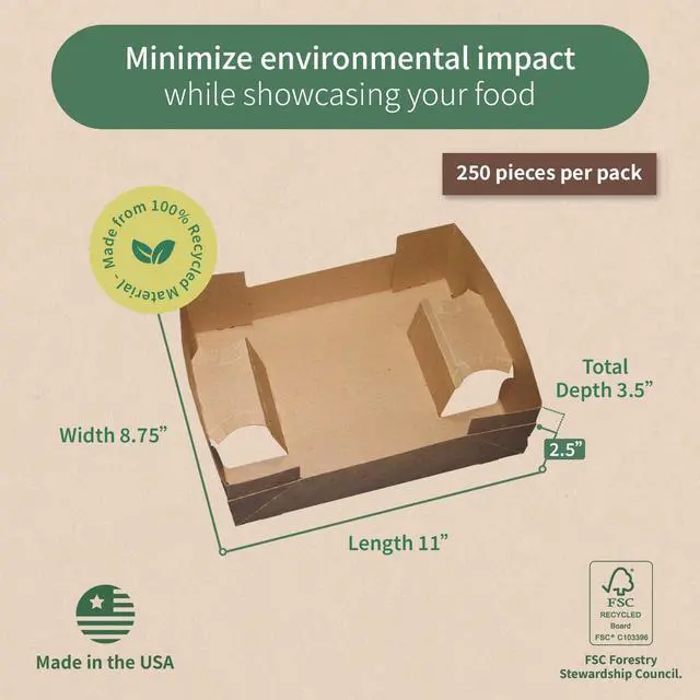 Alt view image 2 of 6 - MeyerPak Food Service Recycled Super Sturdy Kraft Cardboard Trays, Earth-Friendly Disposable Brown Food Tray, Versatile Food Packaging, Stadium Tray, 11 x 8.75 x 2.5, Pack of 250