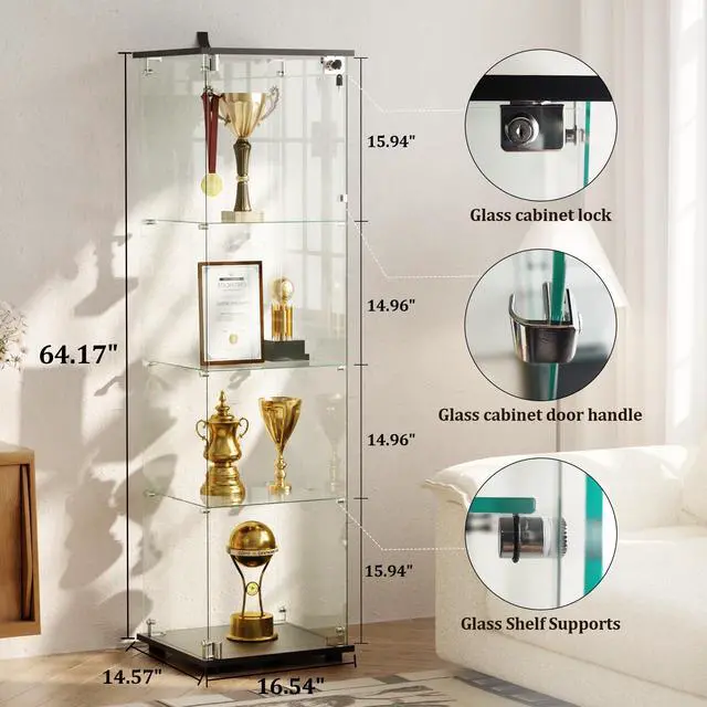 Alt view image 2 of 6 - 4-Tier Glass Display Cabinet with Lock, Clear Curio Cabinet with Single Glass Doors, for Collectibles, Figures, Trophy, Perfume, Toys, Wine, Lockable Glass Display Case for Home Office, Black