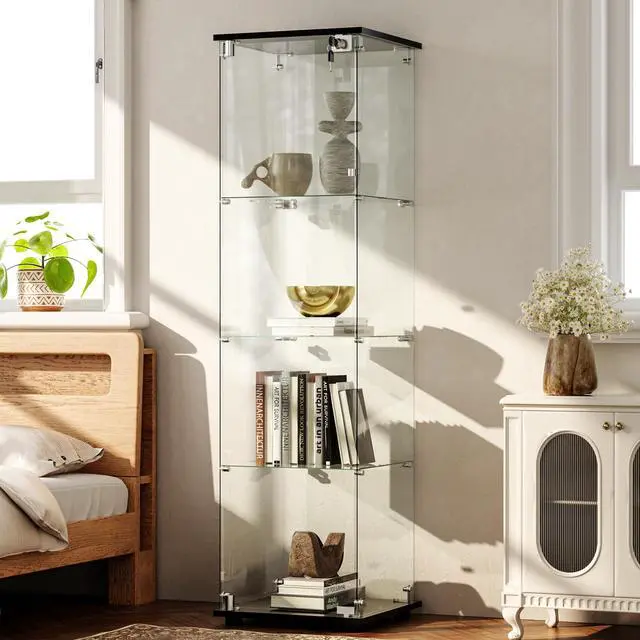 Alt view image 4 of 6 - 4-Tier Glass Display Cabinet with Lock, Clear Curio Cabinet with Single Glass Doors, for Collectibles, Figures, Trophy, Perfume, Toys, Wine, Lockable Glass Display Case for Home Office, Black