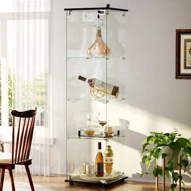 Alt view image 5 of 6 - 4-Tier Glass Display Cabinet with Lock, Clear Curio Cabinet with Single Glass Doors, for Collectibles, Figures, Trophy, Perfume, Toys, Wine, Lockable Glass Display Case for Home Office, Black