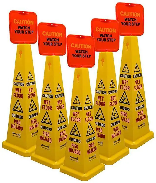 Main image of Safety Cone - 5 Pack - 36" Four Sided Yellow "Caution Wet Floor" Sign Includes Red Sign "Caution Watch Your Step" - Bilingual - English/Spanish