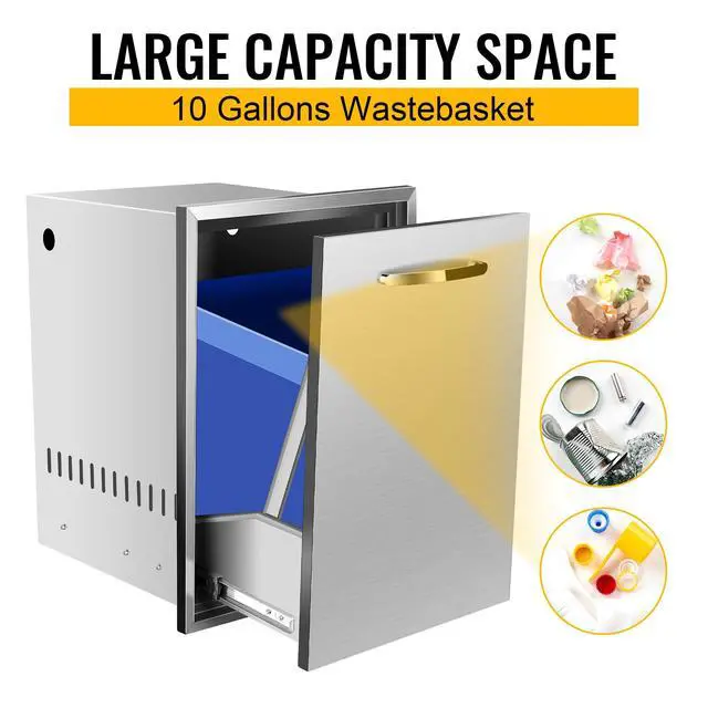Alt view image 3 of 6 - Pull Out Trash Drawer, 16''W x 22.3''H x 18''D Stainless Steel Built-in Single Trash Drawer Outdoor Kitchen Cabinets Trash Bin for BBQ Island Grill Station