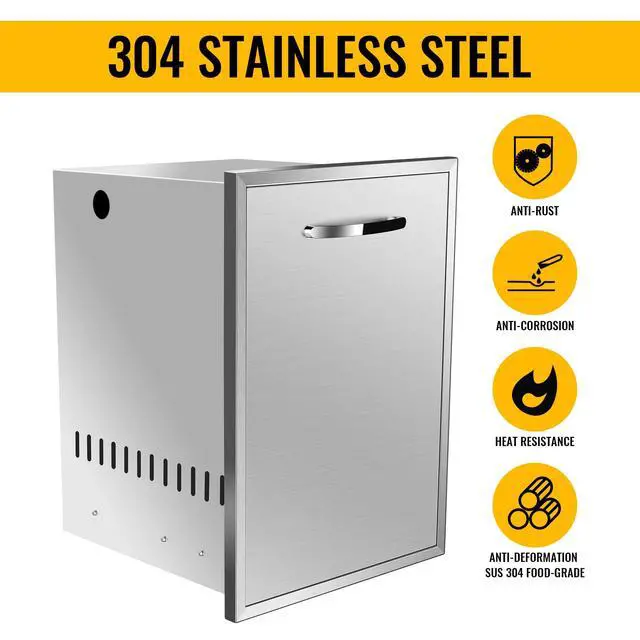Alt view image 4 of 6 - Pull Out Trash Drawer, 16''W x 22.3''H x 18''D Stainless Steel Built-in Single Trash Drawer Outdoor Kitchen Cabinets Trash Bin for BBQ Island Grill Station