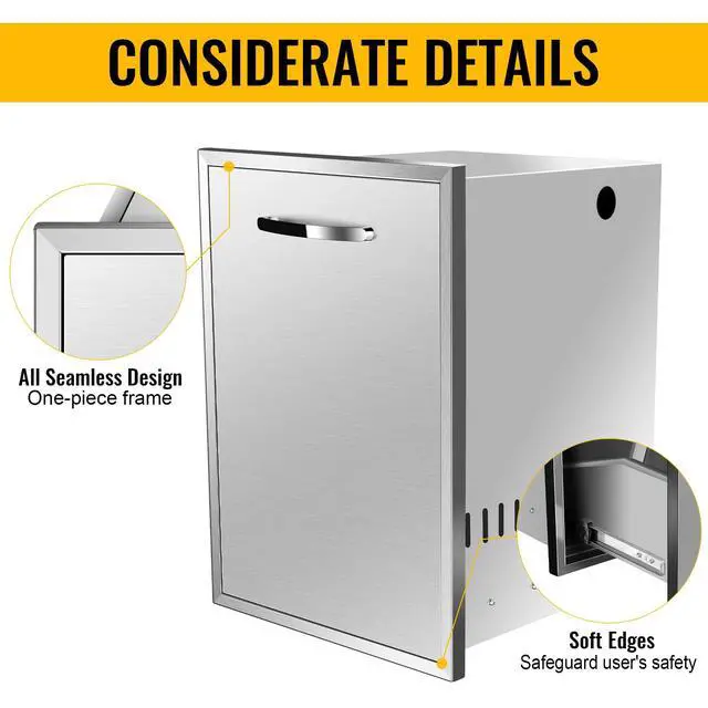 Alt view image 6 of 6 - Pull Out Trash Drawer, 16''W x 22.3''H x 18''D Stainless Steel Built-in Single Trash Drawer Outdoor Kitchen Cabinets Trash Bin for BBQ Island Grill Station