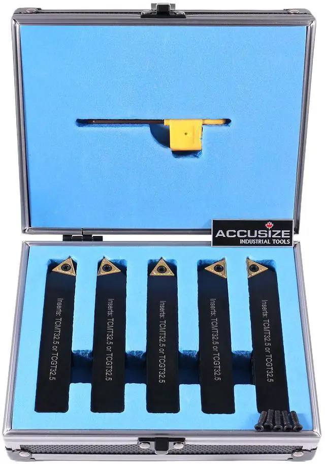 Main image of Accusize Indexable Turning Tool, 3/4 in, 2380-5123 | 3/4" Shank, 4-1/2" OAL, 5 Pc Set with TCMT 32.5 Carbide Inserts, STACR, STNCR, STECN, STDCR, STCCR Holders