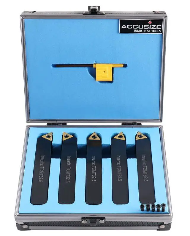 Alt view image 2 of 6 - Accusize Indexable Turning Tool, 3/4 in, 2380-5123 | 3/4" Shank, 4-1/2" OAL, 5 Pc Set with TCMT 32.5 Carbide Inserts, STACR, STNCR, STECN, STDCR, STCCR Holders