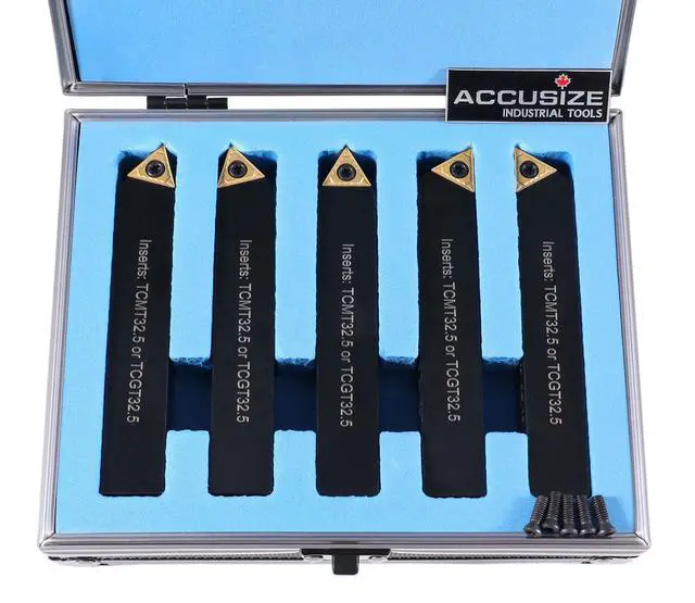 Alt view image 3 of 6 - Accusize Indexable Turning Tool, 3/4 in, 2380-5123 | 3/4" Shank, 4-1/2" OAL, 5 Pc Set with TCMT 32.5 Carbide Inserts, STACR, STNCR, STECN, STDCR, STCCR Holders