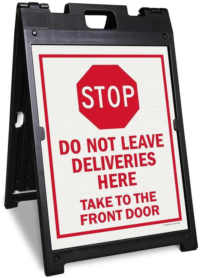 Main image of 24" x 18" Do Not Leave Deliveries Here Take To Front Door Sidewalk Sign Kit, Reflective Two-Sided A-Frame, Plastic Sign With Stop Symbol, USA Made, (1 A-Frame + 2 Sign Panels)