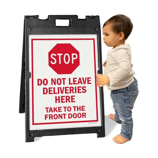 Alt view image 2 of 6 - 24" x 18" Do Not Leave Deliveries Here Take To Front Door Sidewalk Sign Kit, Reflective Two-Sided A-Frame, Plastic Sign With Stop Symbol, USA Made, (1 A-Frame + 2 Sign Panels)