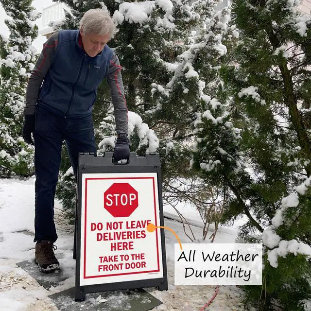 Alt view image 3 of 6 - 24" x 18" Do Not Leave Deliveries Here Take To Front Door Sidewalk Sign Kit, Reflective Two-Sided A-Frame, Plastic Sign With Stop Symbol, USA Made, (1 A-Frame + 2 Sign Panels)