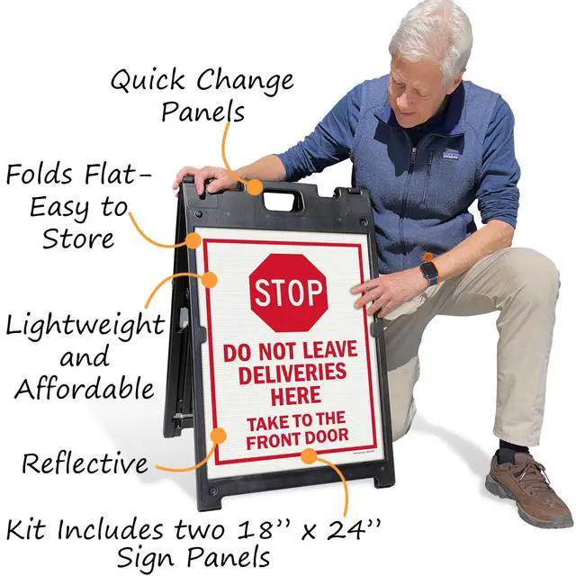 Alt view image 4 of 6 - 24" x 18" Do Not Leave Deliveries Here Take To Front Door Sidewalk Sign Kit, Reflective Two-Sided A-Frame, Plastic Sign With Stop Symbol, USA Made, (1 A-Frame + 2 Sign Panels)