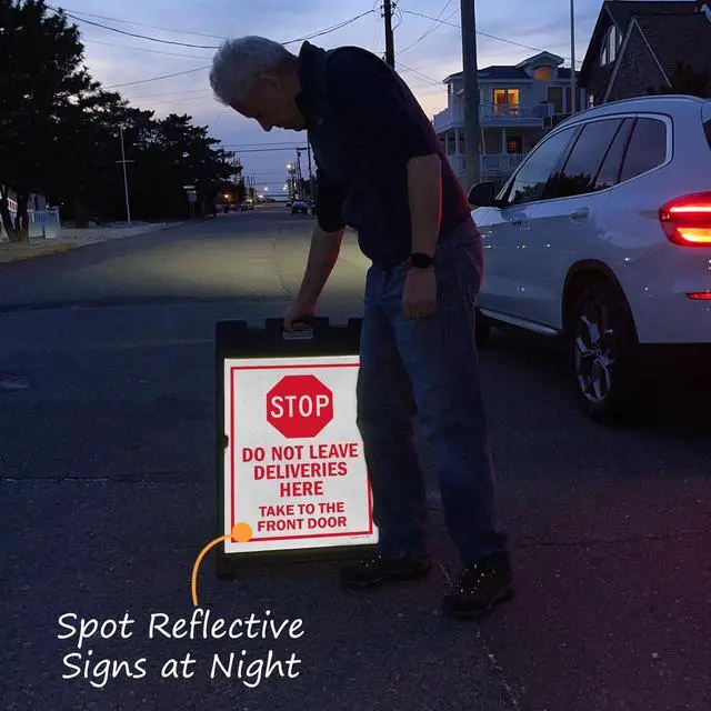 Alt view image 5 of 6 - 24" x 18" Do Not Leave Deliveries Here Take To Front Door Sidewalk Sign Kit, Reflective Two-Sided A-Frame, Plastic Sign With Stop Symbol, USA Made, (1 A-Frame + 2 Sign Panels)