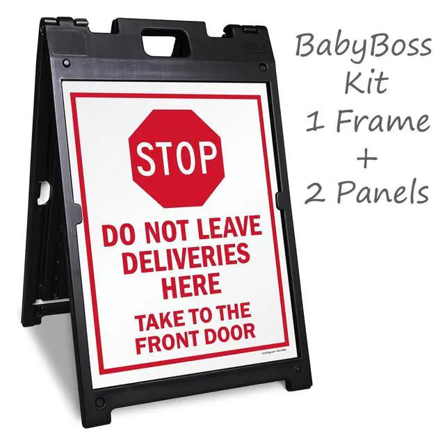 Alt view image 6 of 6 - 24" x 18" Do Not Leave Deliveries Here Take To Front Door Sidewalk Sign Kit, Reflective Two-Sided A-Frame, Plastic Sign With Stop Symbol, USA Made, (1 A-Frame + 2 Sign Panels)