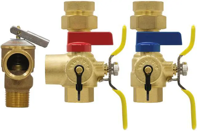 Main image of a brand of NIBCO E-X-P E2 Tankless Water Heater Service Valve Kit, Hot & Cold, Full Port, Hi-Flow Hose Drains, Pressure Relief Valve Outlet, Adjustable Packing Glands, 3/4 in