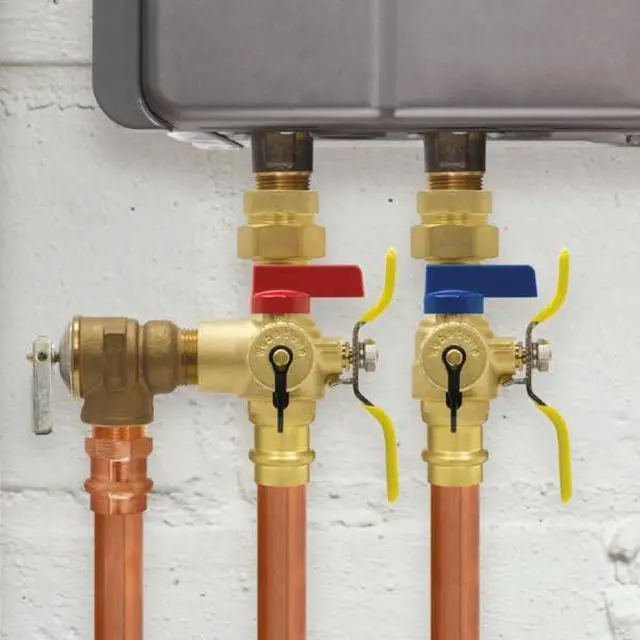 Alt view image 2 of 6 - a brand of NIBCO E-X-P E2 Tankless Water Heater Service Valve Kit, Hot & Cold, Full Port, Hi-Flow Hose Drains, Pressure Relief Valve Outlet, Adjustable Packing Glands, 3/4 in