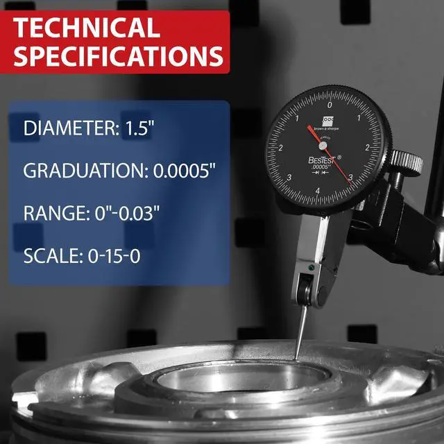 Alt view image 2 of 6 - 599-7031-5 Dial Test Indicator Set, Black Dial, M1.4 x 0.3 Thread, 0-15-0 Reading, 1.5" Dial Diameter, 0"-0.03" Range, 0.0005" Graduation, +/-0.0005" Accuracy