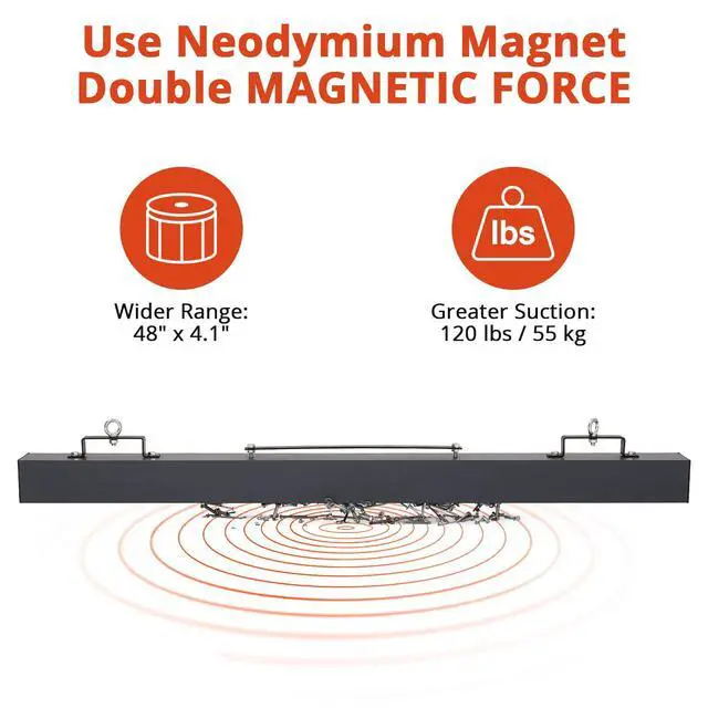 Alt view image 2 of 6 - Hanging Magnetic Sweeper 48 Inches, Nail Magnet Sweeping Tool with 120 LBS Lifting Capacity, Hanging Magnet for Forklift