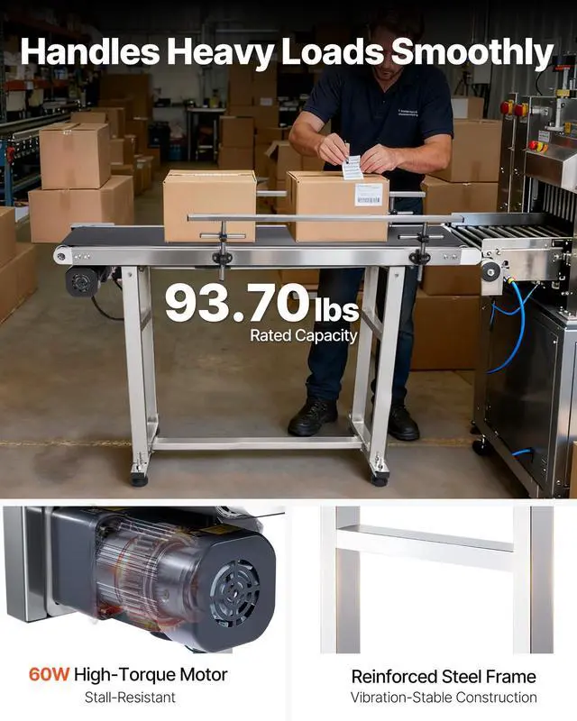 Alt view image 2 of 6 - Belt Conveyor Length 47-Inch, PVC Conveyor Belt Width 7.8-Inch, Motorized Conveyor Industrial Transport Conveyor, w/Double Guardrails Anti-Static Adjustable Conveyor Table Electric Handling