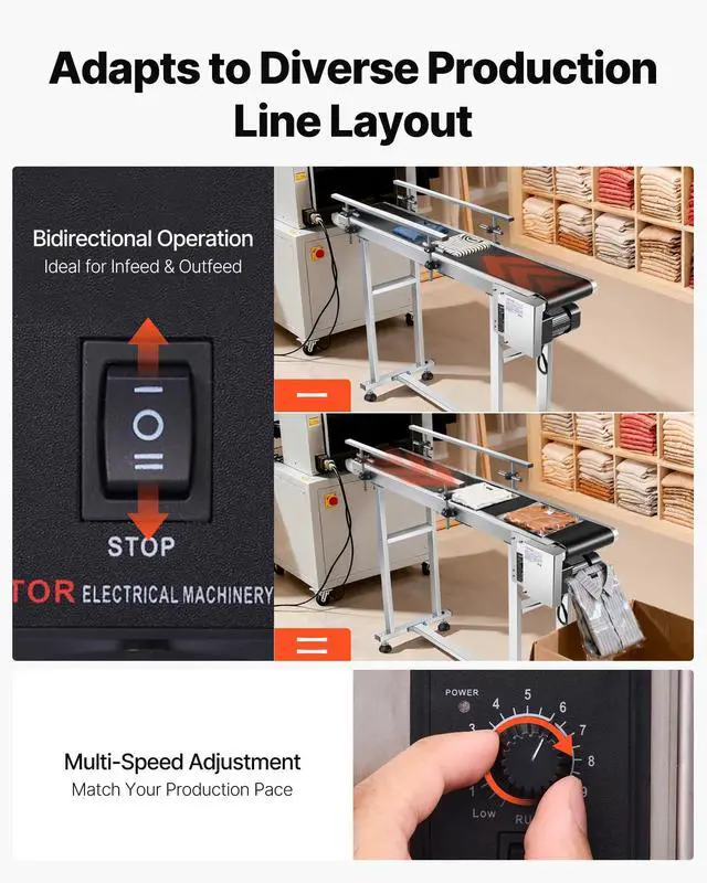 Alt view image 4 of 6 - Belt Conveyor Length 47-Inch, PVC Conveyor Belt Width 7.8-Inch, Motorized Conveyor Industrial Transport Conveyor, w/Double Guardrails Anti-Static Adjustable Conveyor Table Electric Handling